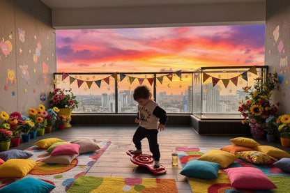 Child playing with a red toy on a wooden floor with a cityscape view through large windows.