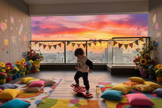 Child playing with a red toy on a wooden floor with a cityscape view through large windows.